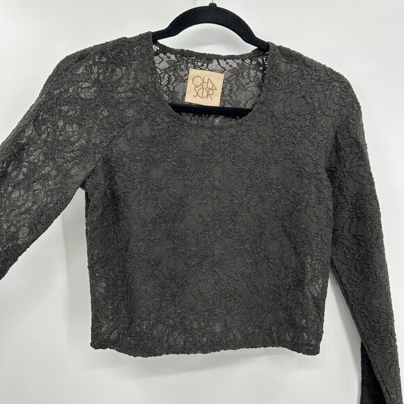 NWT CHASER Vintage Black Lace Long Sleeve Stretch Crop Top Size Small - Picture 3 of 4